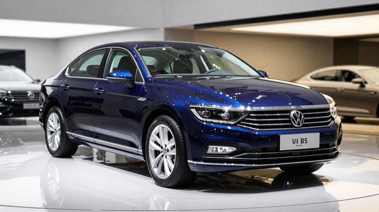 Carro Volkswagen Passat Azul escuro exibido em salão automotivo moderno e iluminado.