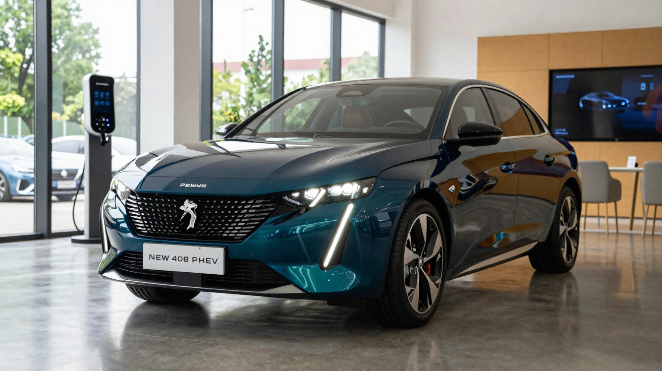 Carro elétrico Peugeot new 408 PHEV azul em exposição, estacionado próximo a uma estação de carregamento.