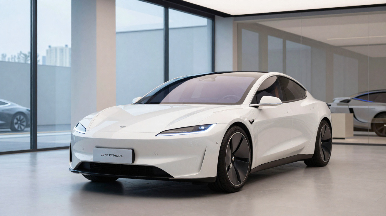 Carro elétrico branco Tesla Model S em showroom moderno com grandes janelas de vidro.