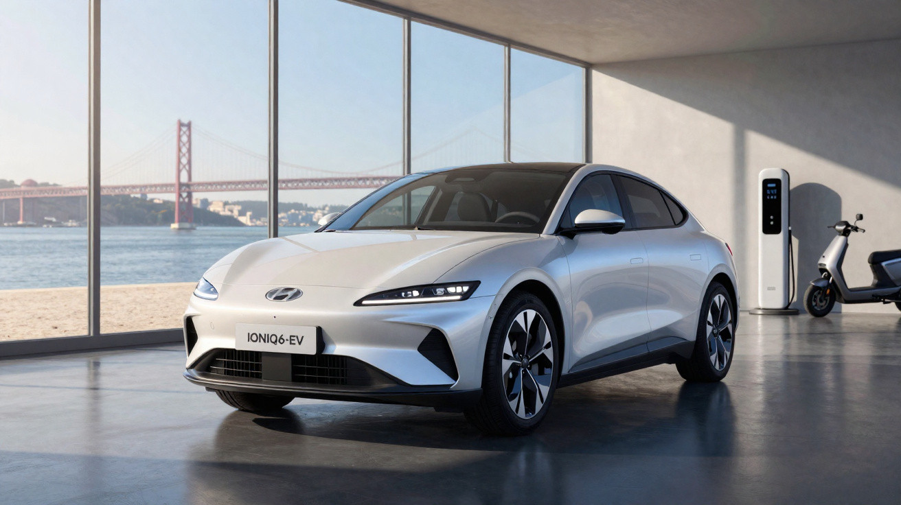 Carro elétrico branco Hyundai Ioniq 6 em garagem moderna com vista para ponte e estação de recarga.