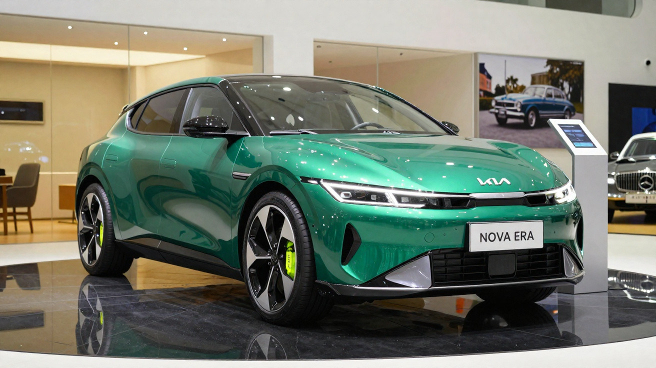 Carro elétrico verde modelo Kia Nova Era exposto em salão de automóveis moderno e iluminado.
