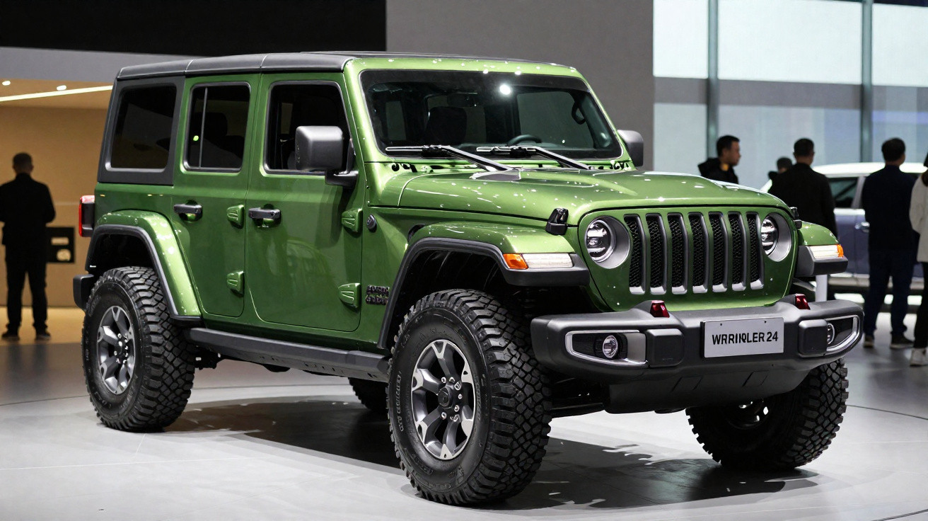 Jeep Wrangler 4x4 verde com quatro portas exposto em salão automotivo com pessoas ao fundo.