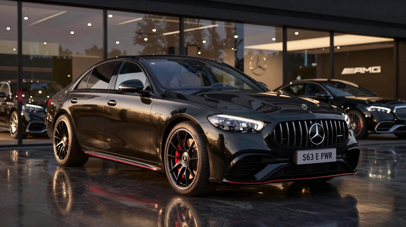 Mercedes-Benz AMG S63 preto estacionado em frente a concessionária com piso espelhado.