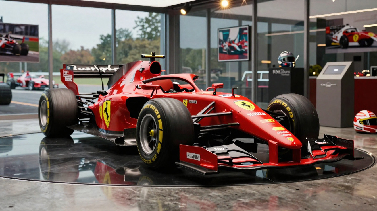Carro de Fórmula 1 vermelho da Ferrari exposto em museu com pneus Pirelli e capacete ao fundo.