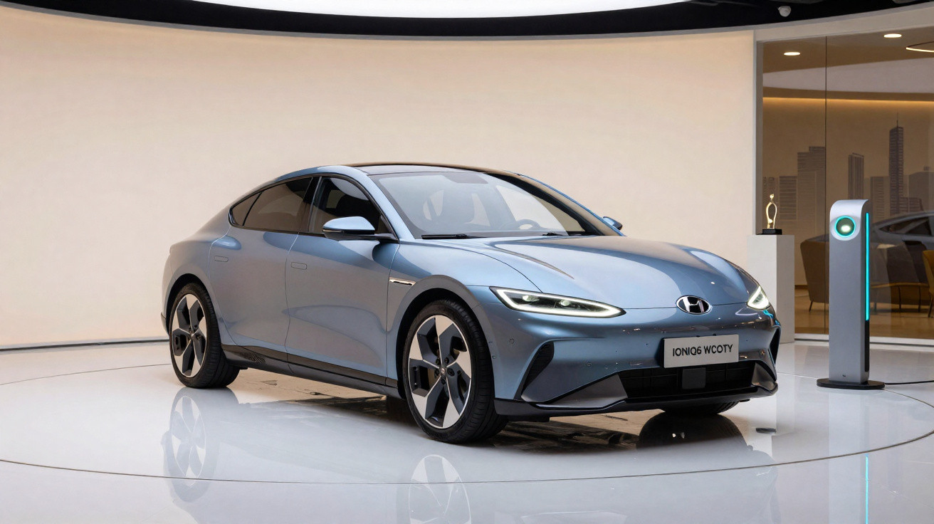 Carro elétrico cinza Hyundai Ioniq 6 exposto em showroom moderno com estação de carregamento.