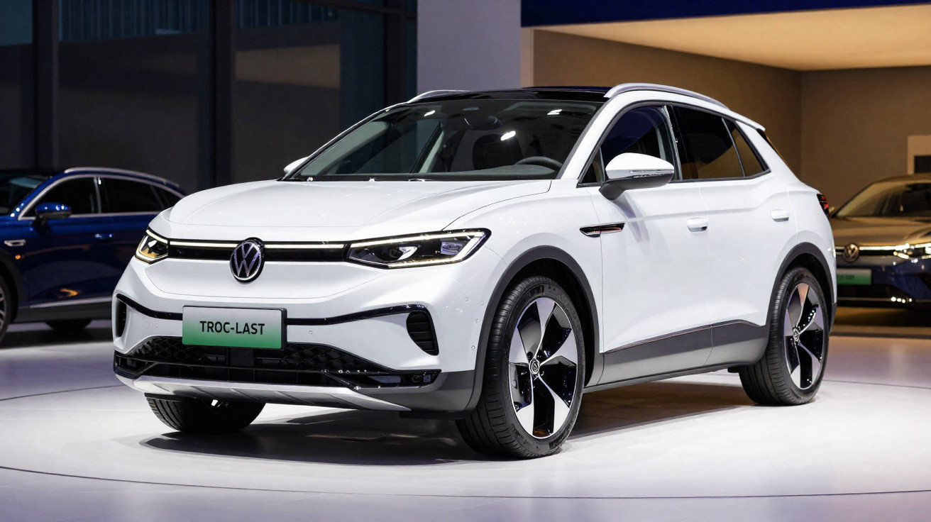 Carro elétrico Volkswagen branco exibido em ambiente interno com iluminação suave e outro veículo ao fundo.