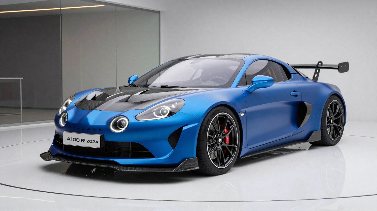 Carro esportivo azul metálico Alpine A110 R 2024 em ambiente branco interno.