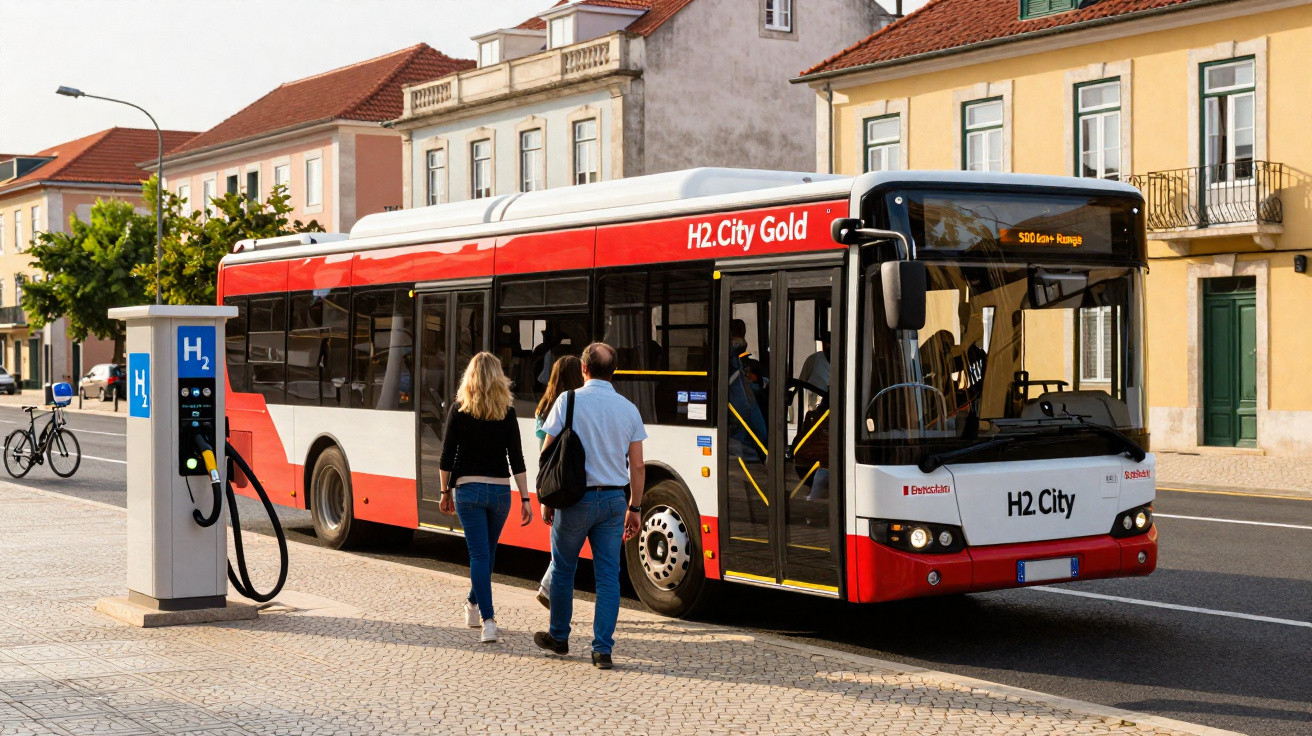 Ônibus H2 City Gold abastecendo em posto de hidrogênio, com duas pessoas caminhando na calçada ao lado.