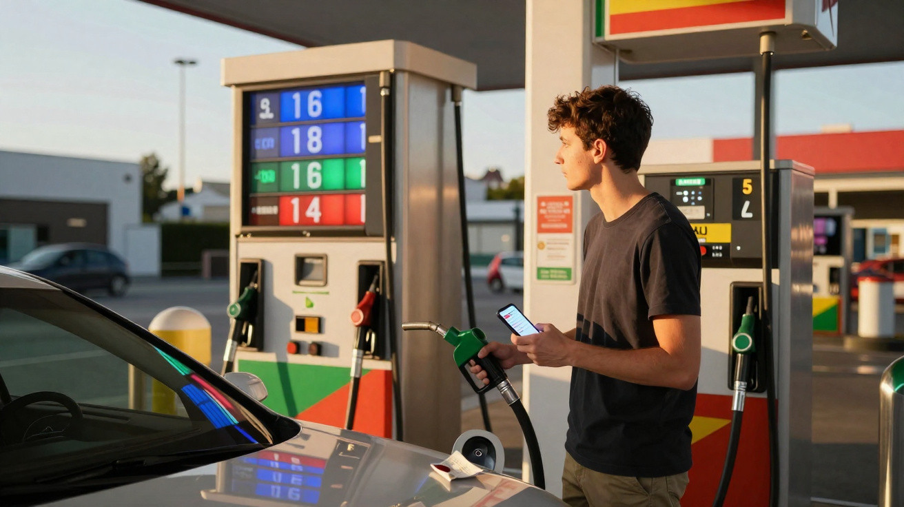 Jovem em posto de gasolina segurando bomba de combustível e celular ao abastecer carro cinza ao entardecer.