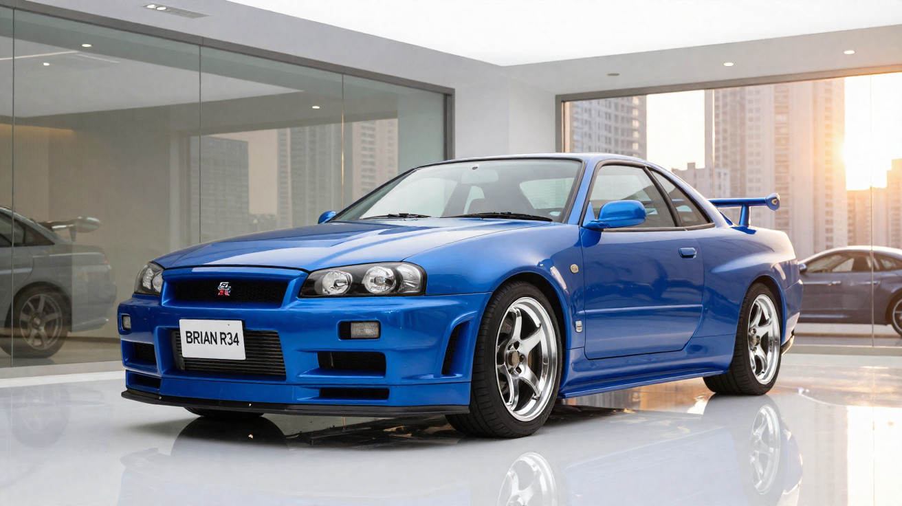 Carro esportivo azul Nissan Skyline GT-R R34 estacionado em ambiente interno moderno com vidro e refletor solar.
