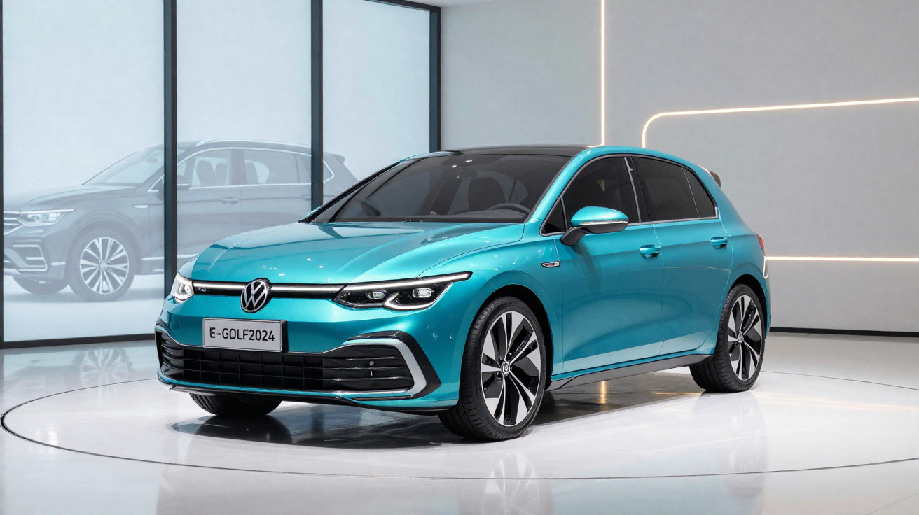 Carro elétrico Volkswagen E-Golf 2024 azul exibido em estande moderno com iluminação branca.