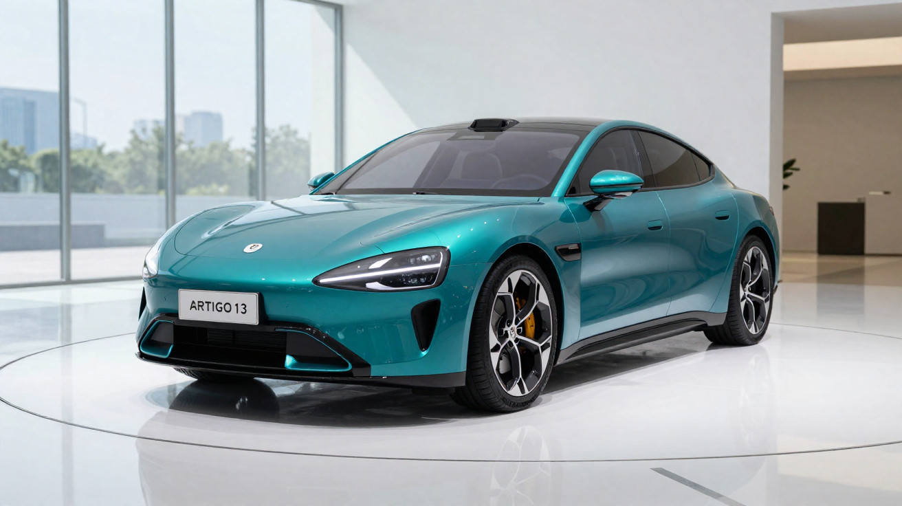 Carro esportivo elétrico verde água modelo ARTIGO 13 exposto em sala moderna com piso branco brilhante.