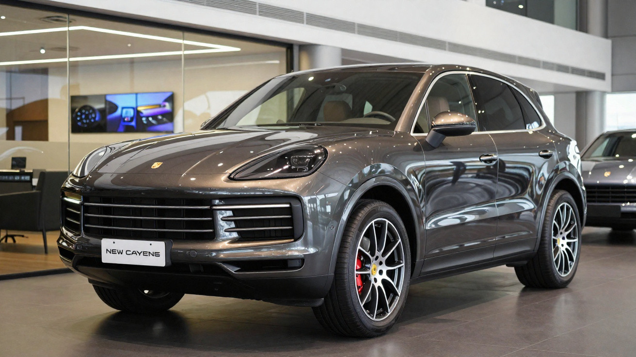 Carro cinza Porsche Cayenne S estacionado em showroom moderno com piso cinza e iluminação natural.