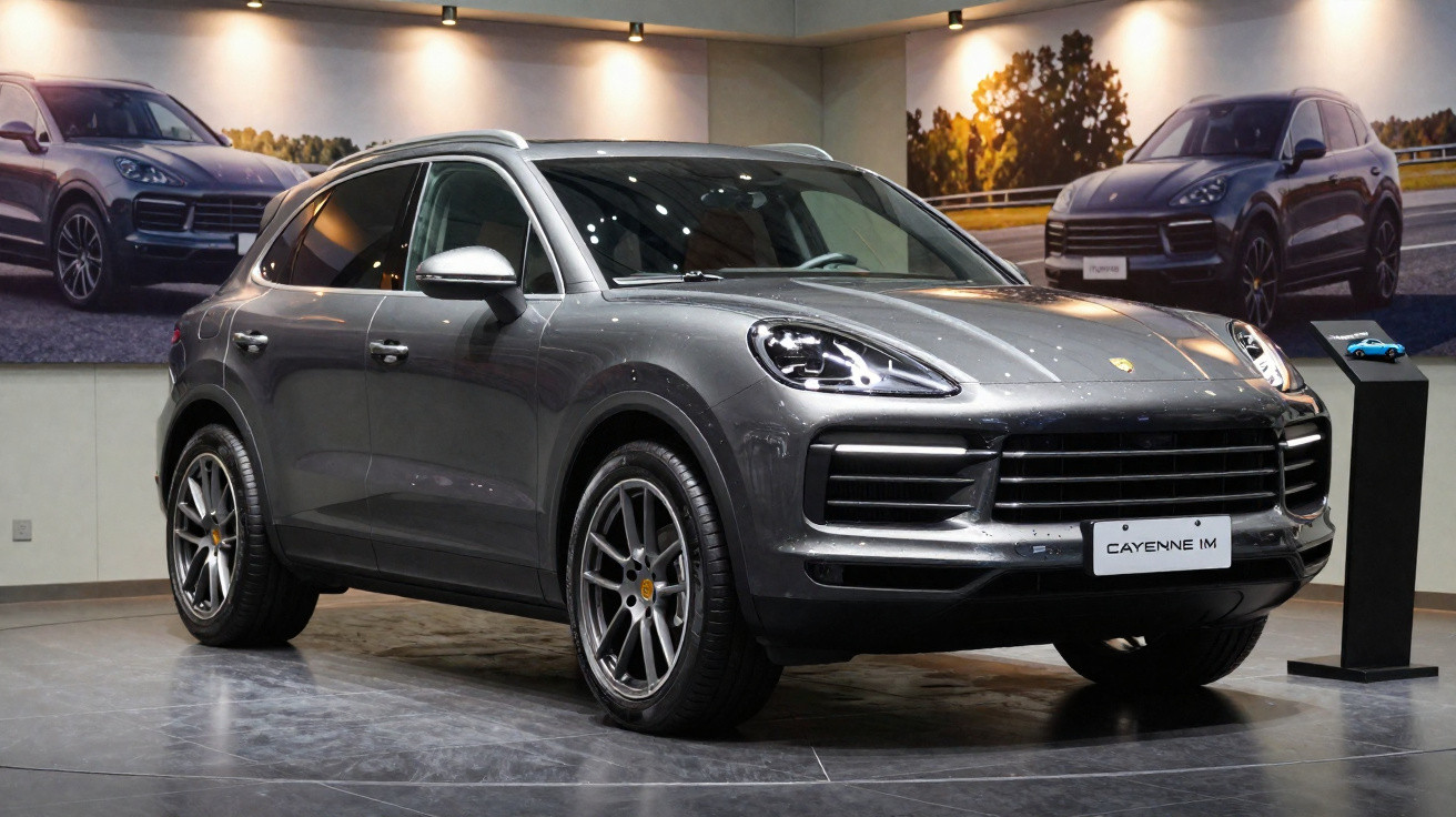 SUV cinza Porsche Cayenne IM exibido em showroom com iluminação ambiente e fotos ao fundo.