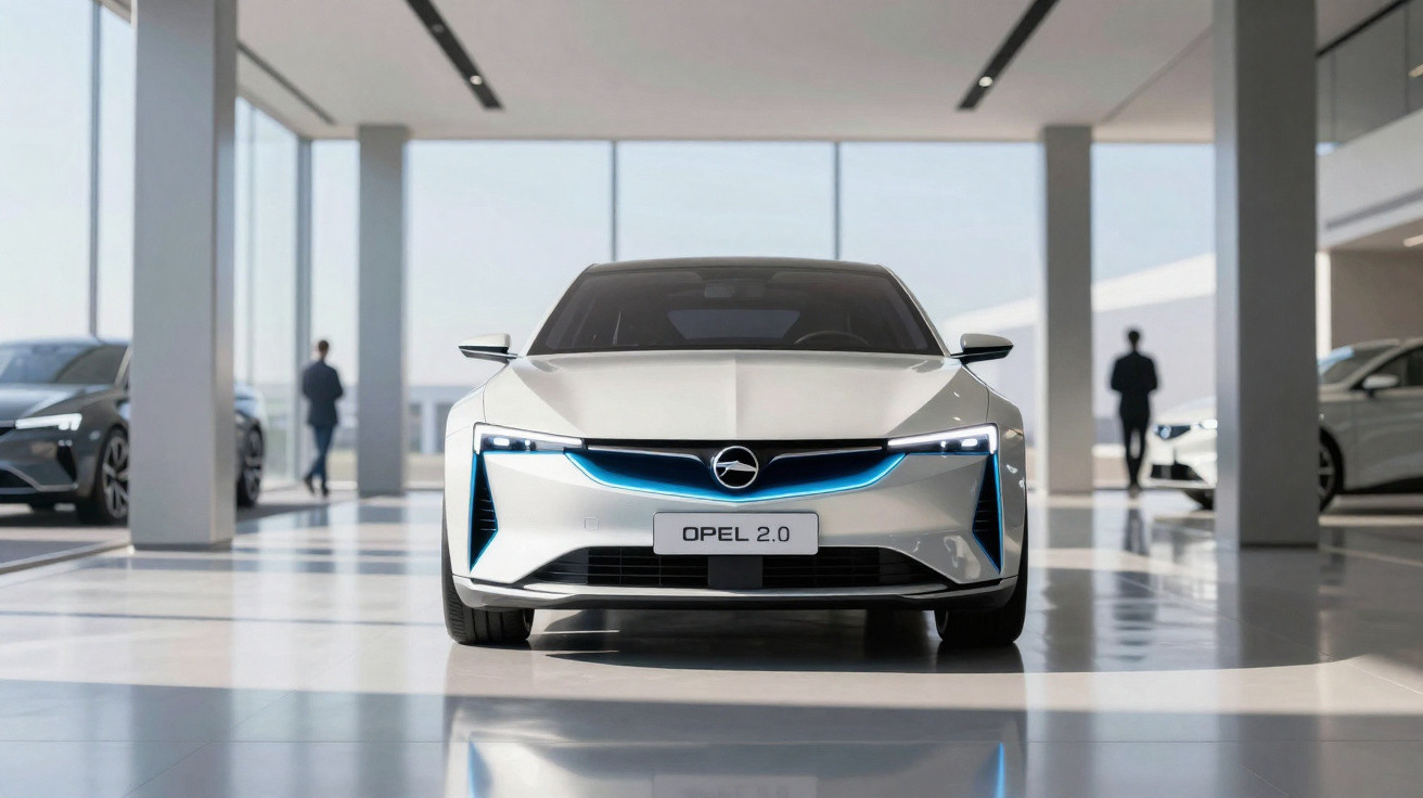 Carro elétrico branco Opel 2.0 em salão moderno, com luzes dianteiras acesas e piso refletivo.