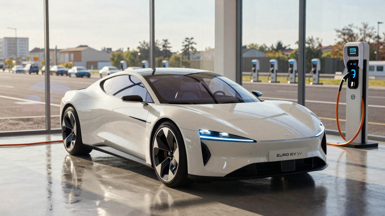 Carro esportivo branco elétrico conectado a carregador em ambiente moderno com vidro amplo.
