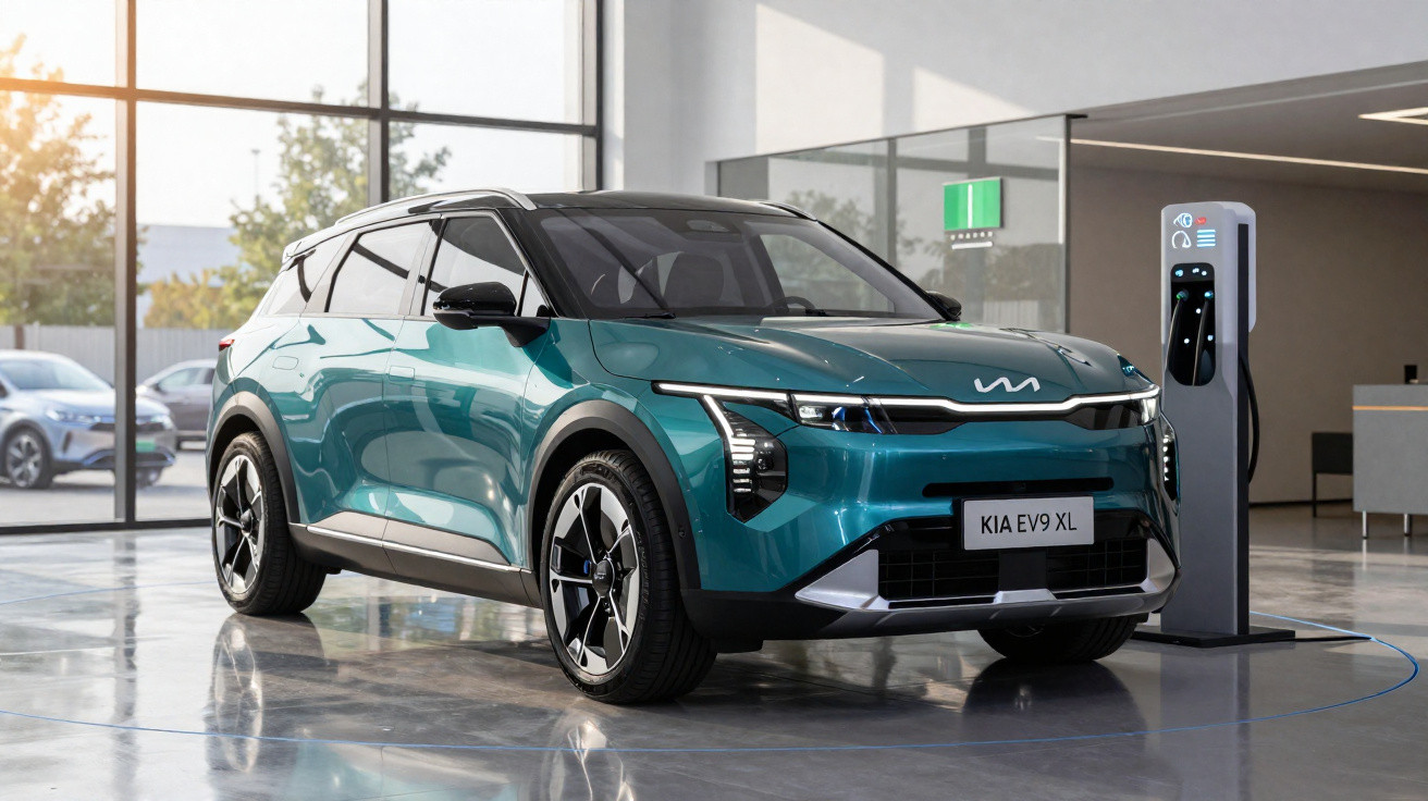 Carro elétrico Kia EV9 XL azul estacionado em ambiente moderno com estação de recarga.