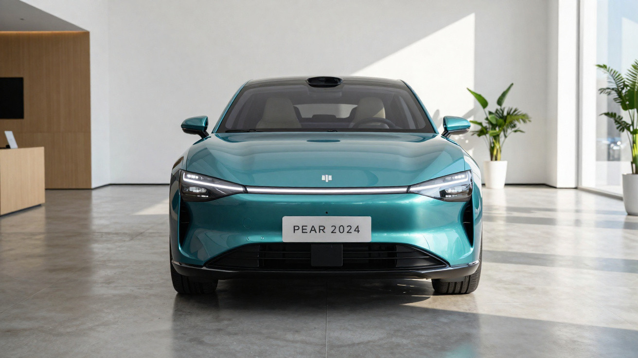 Carro elétrico verde moderno estacionado em ambiente interno com iluminação natural e plantas ao fundo.