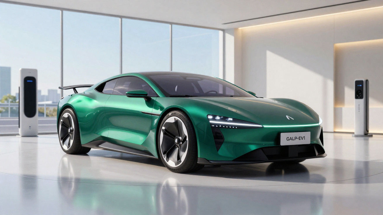 Carro esportivo elétrico verde com design moderno em showroom iluminado e estações de carregamento ao fundo.