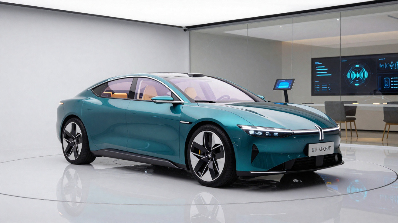 Carro elétrico esportivo verde em exibição em ambiente moderno com parede de vidro e telas digitais ao fundo.
