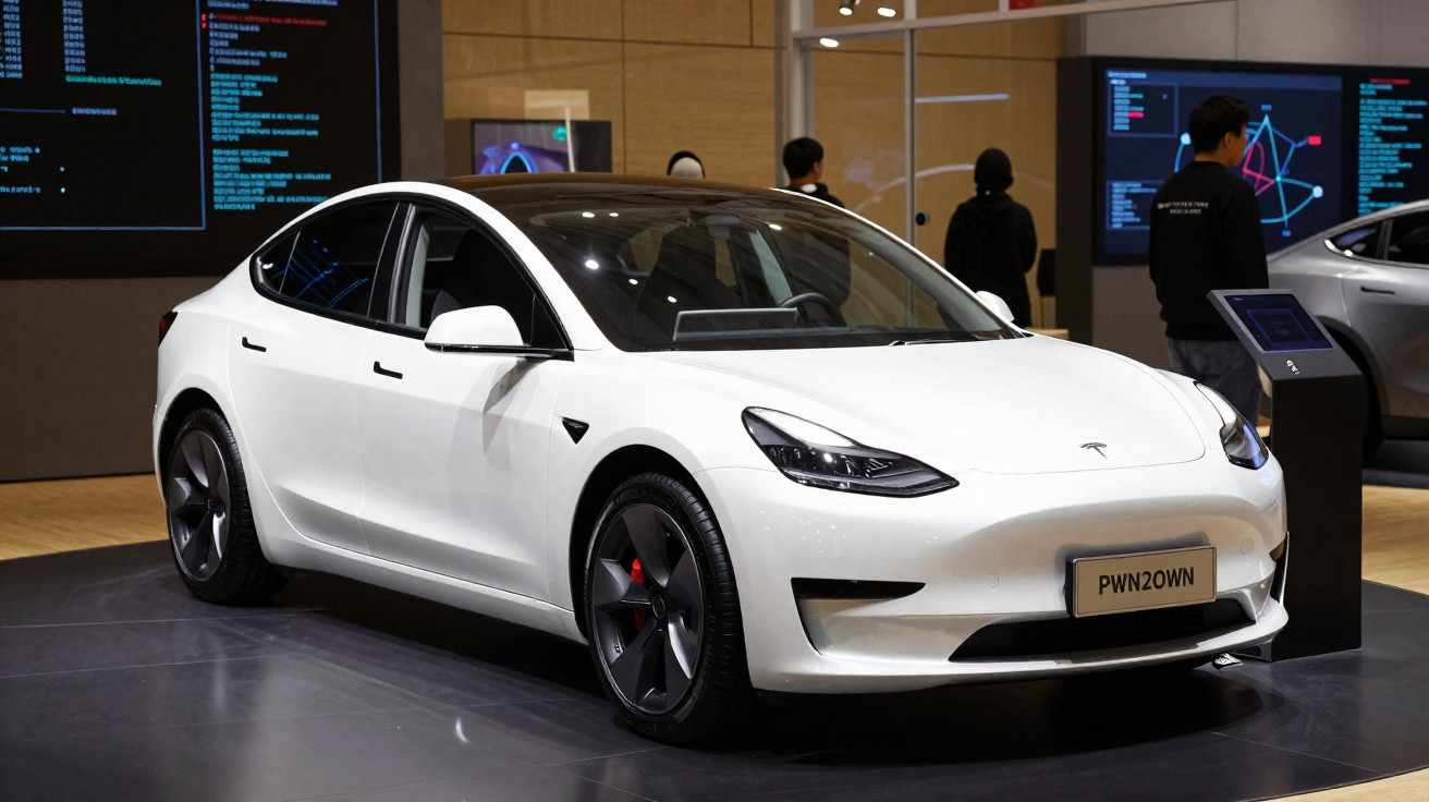 Carro elétrico branco Tesla Model 3 em exposição em ambiente interno com pessoas ao fundo.