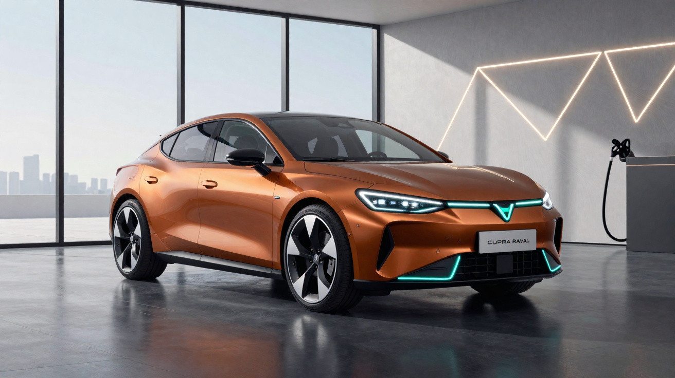Carro esportivo elétrico Cupra Royal laranja em ambiente moderno com luzes de LED decorativas.