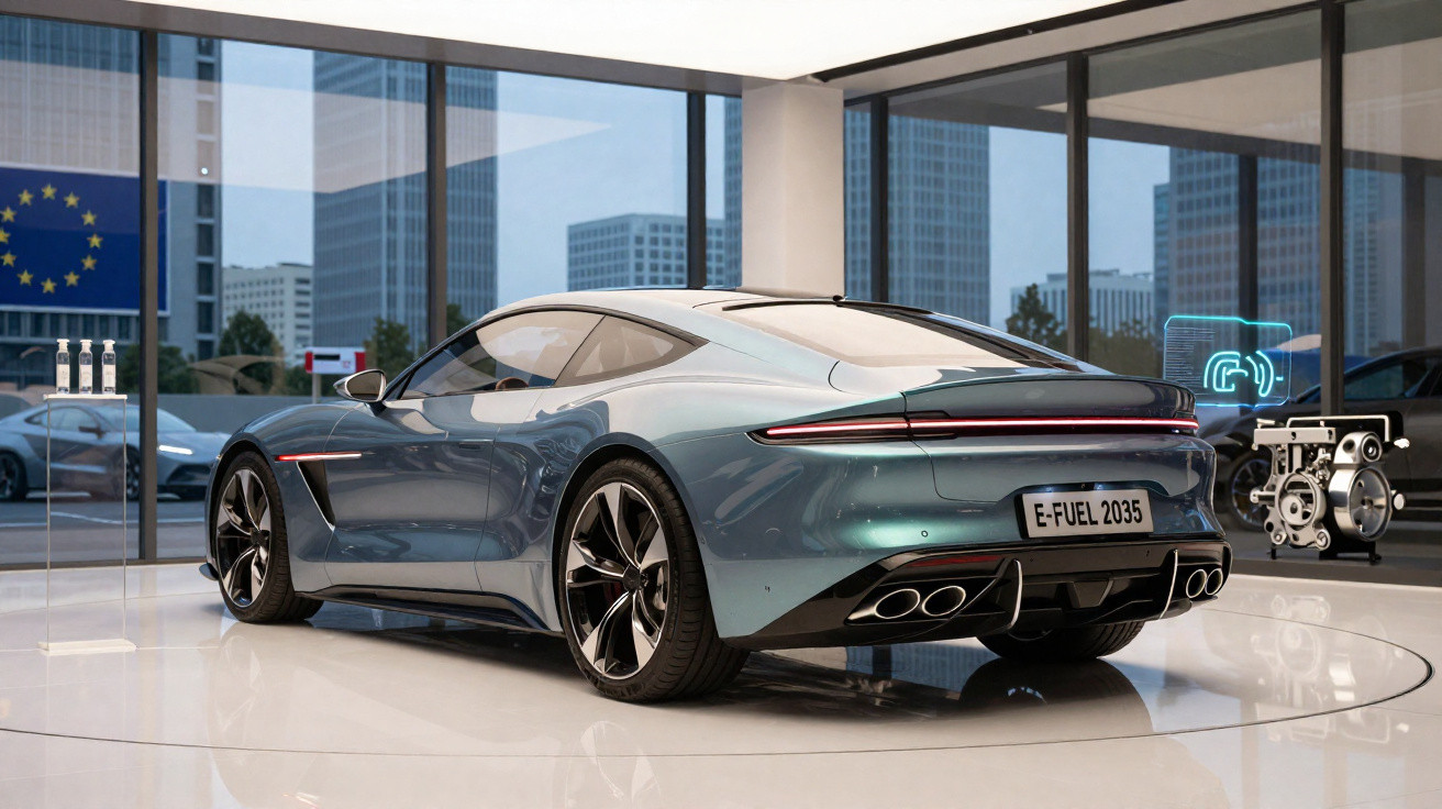 Carro esportivo azul metálico em showroom moderno com fachada de vidro e edifícios ao fundo.