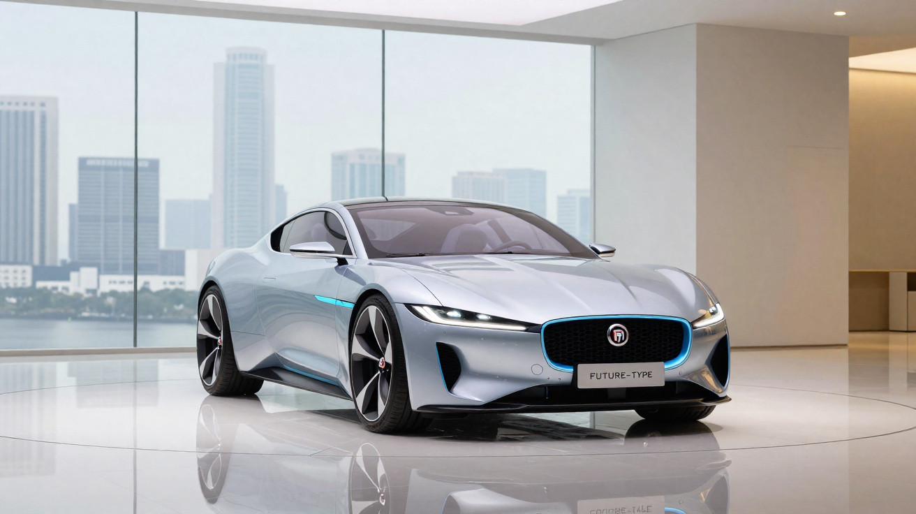 Carro esportivo elétrico prateado exibido em showroom moderno com grandes janelas e vista urbana ao fundo.
