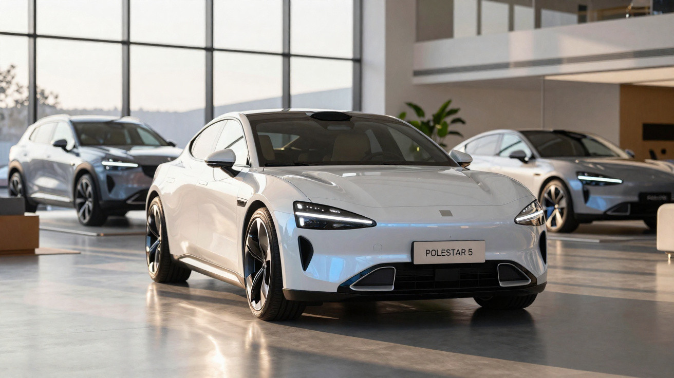 Carro elétrico Polestar 5 branco exibido em showroom moderno com outros veículos ao fundo.