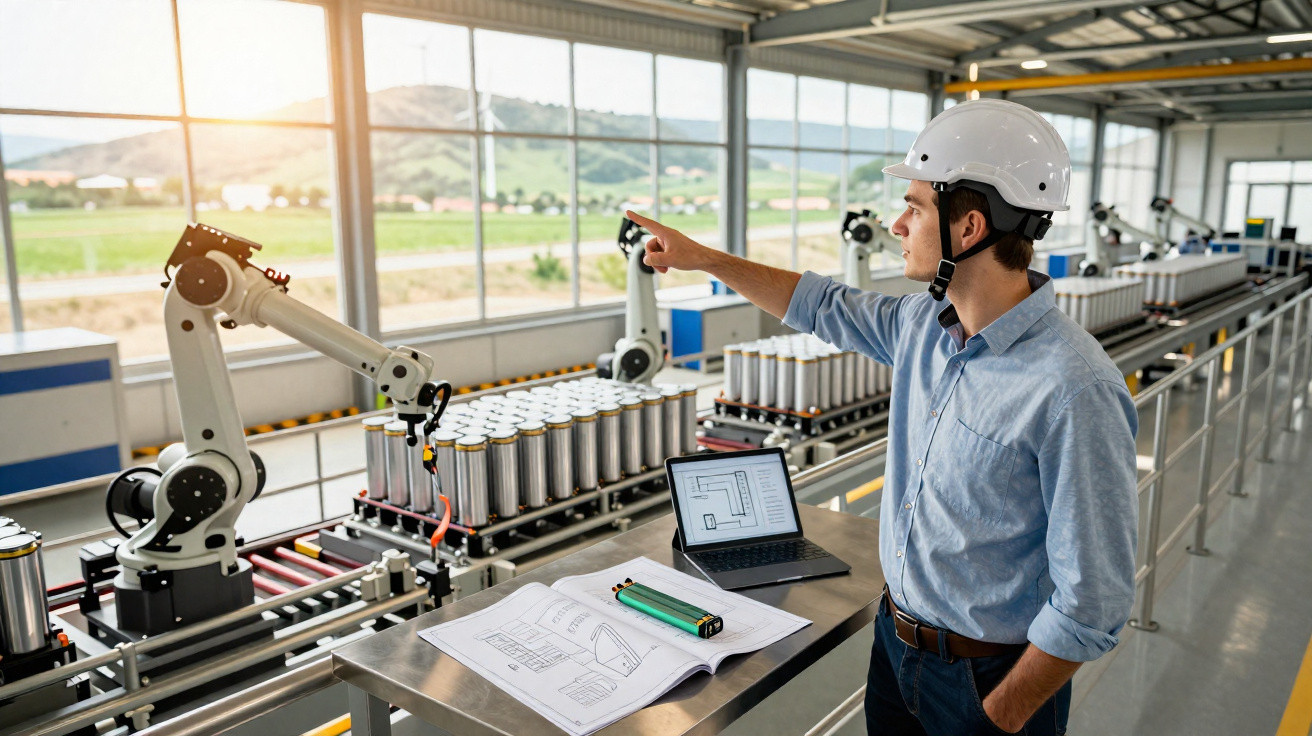 Homem de capacete controla robô industrial em fábrica moderna com linha de produção e laptop.