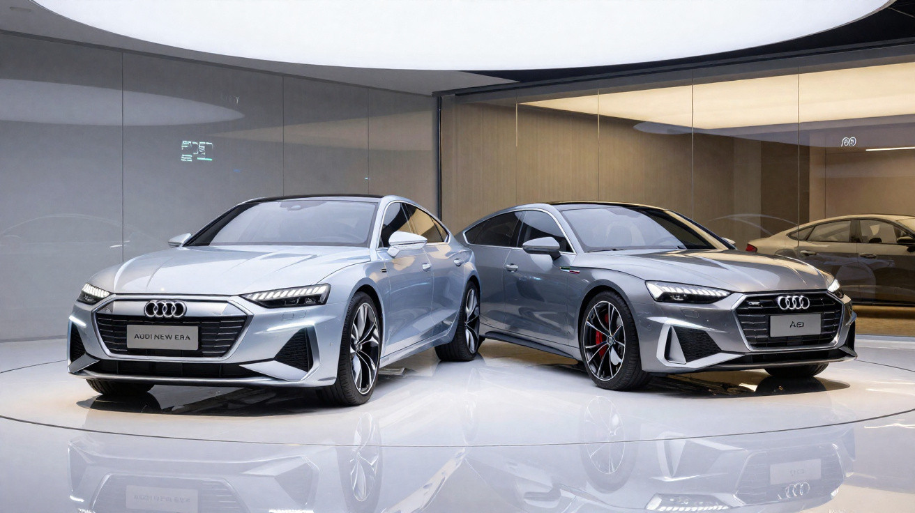 Dois carros Audi prata, modelo elétrico sedan, expostos em ambiente moderno e iluminado.