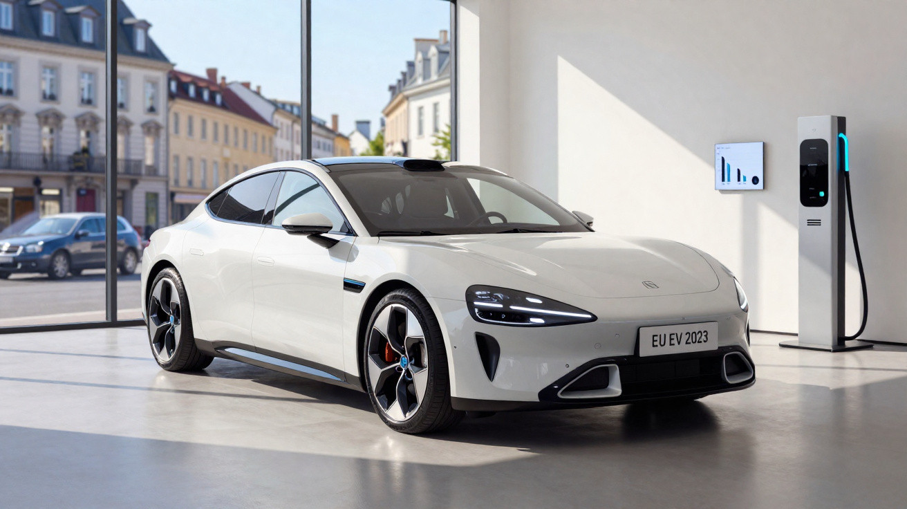 Carro elétrico branco moderno estacionado em garagem com carregador e painéis de energia.