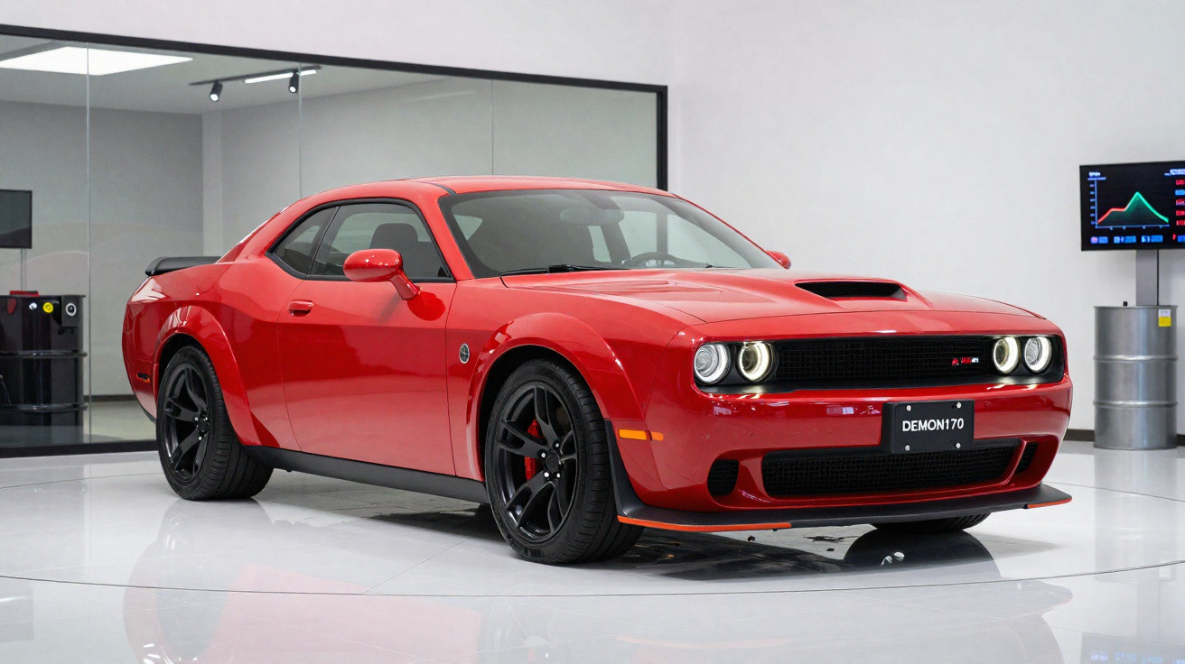 Carro esportivo vermelho Dodge Challenger Demon 170 estacionado em showroom moderno com piso branco.