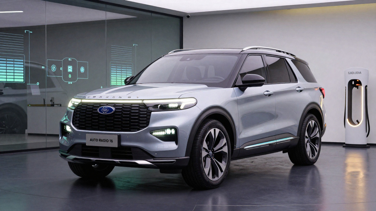 SUV elétrico cinza prateado em ambiente interno com estação de recarga ao fundo.