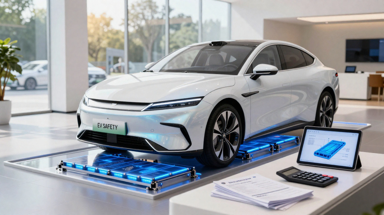 Carro elétrico branco em exposição com foco na bateria azul e equipamentos ao lado, em ambiente moderno.