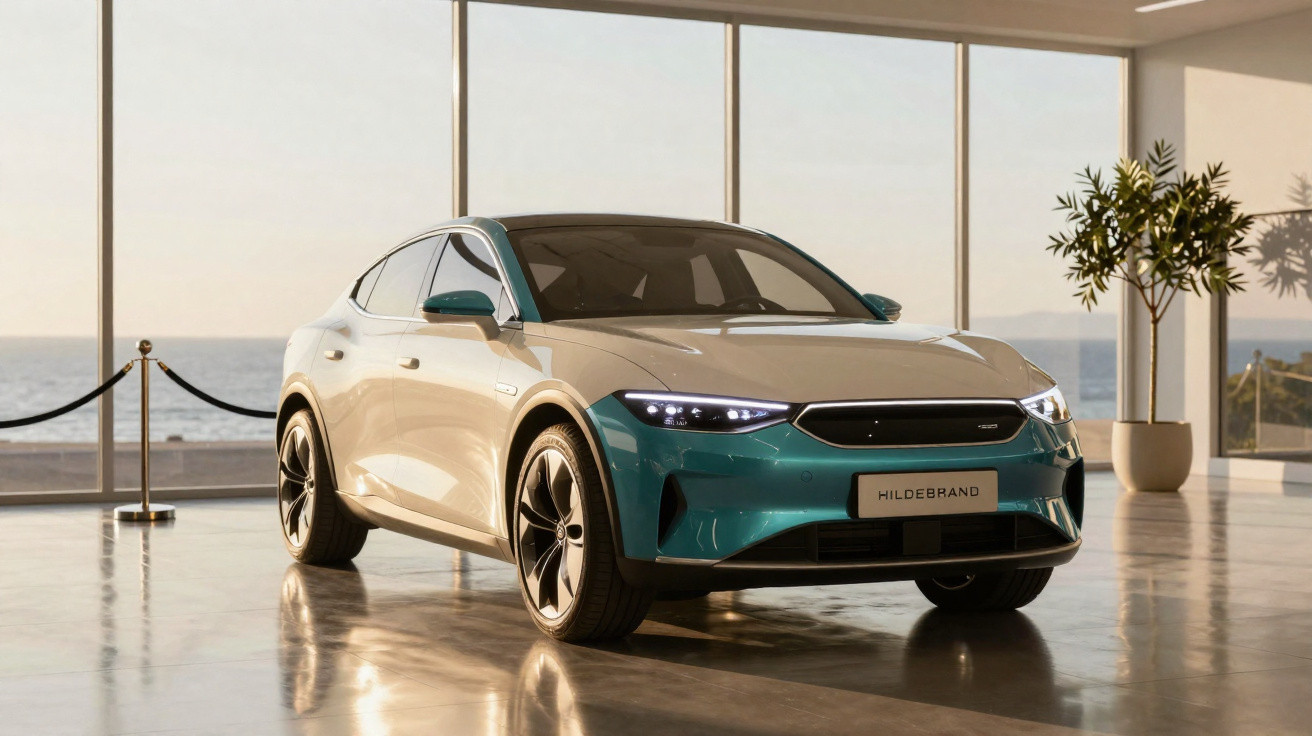 Carro elétrico moderno azul e branco estacionado em sala com janela ampla e vista para o mar.