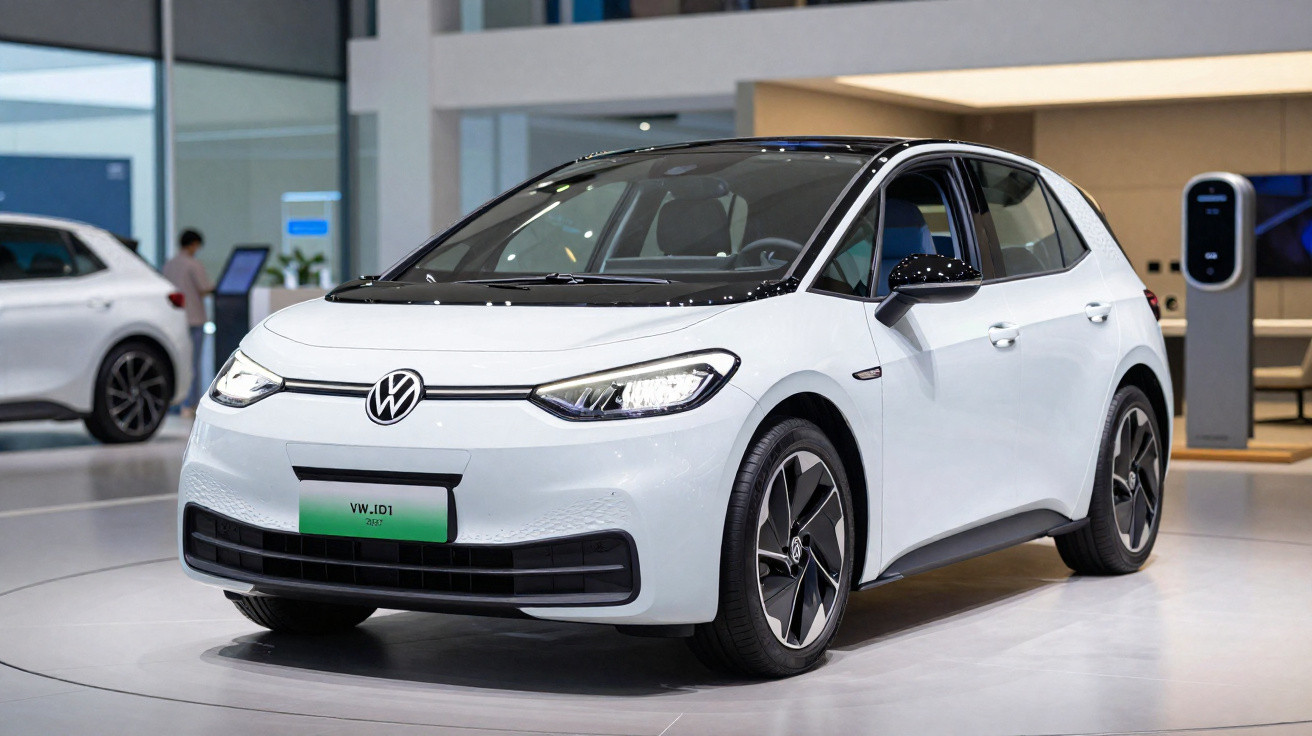 Carro elétrico Volkswagen ID.1 branco em exposição dentro de showroom moderno.