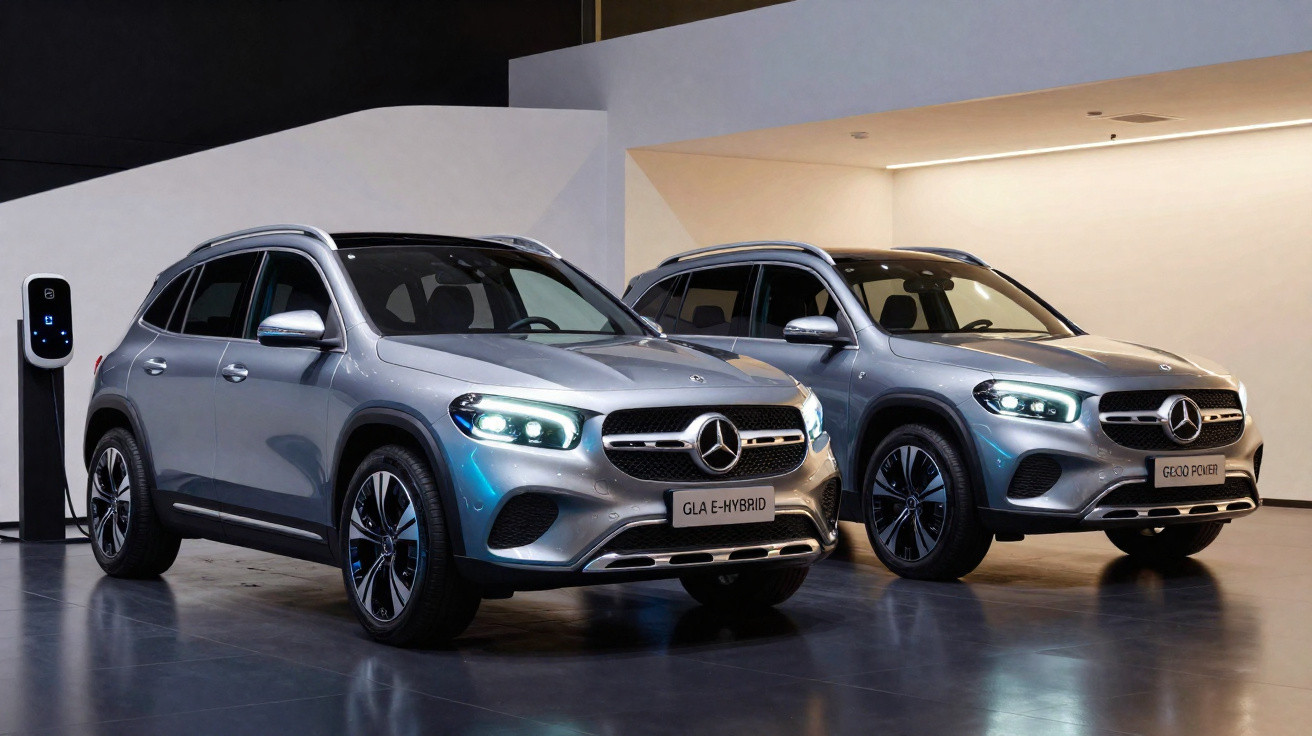 Dois carros SUV Mercedes-Benz cinza prateado estacionados em ambiente interno, um com carga elétrica conectada.