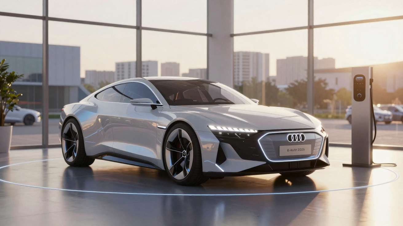 Carro elétrico Audi E-tron prata carregando em estação dentro de showroom moderno e iluminado.