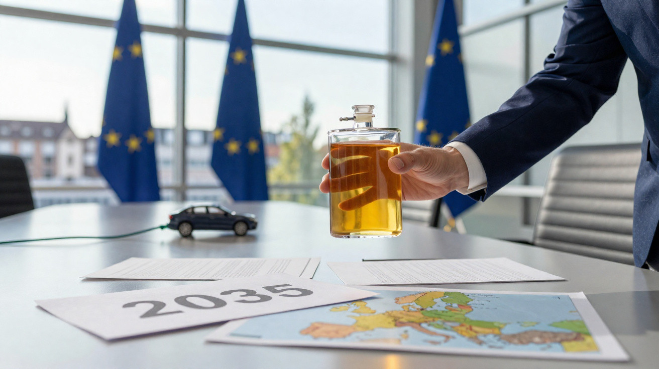 Pessoa segurando frasco com líquido amarelo, mesa com mapa da Europa, papel 2035 e carro modelo, bandeiras da UE ao fundo.