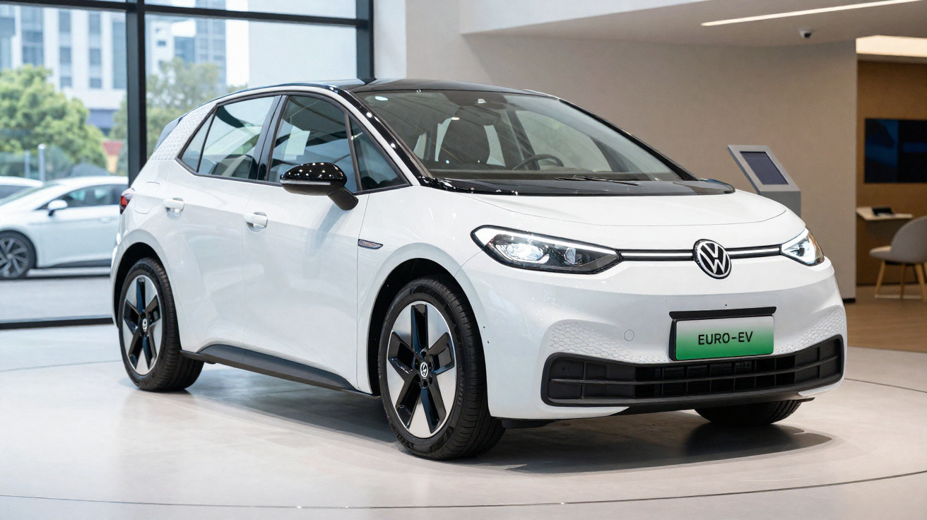 Carro elétrico branco Volkswagen exposto em showroom moderno com placa verde EURO-EV.