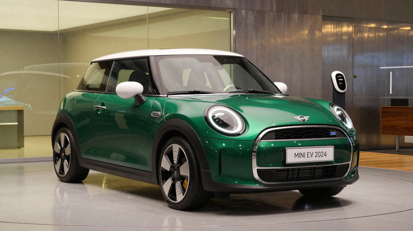 Carro Mini elétrico verde 2024 com teto branco exposto em showroom moderno.