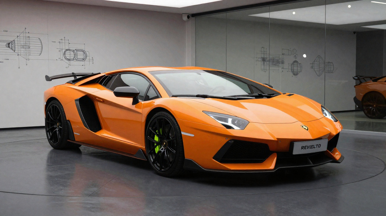 Carro esportivo Lamborghini laranja em exposição, com rodas pretas e detalhes verdes nas pinças de freio.