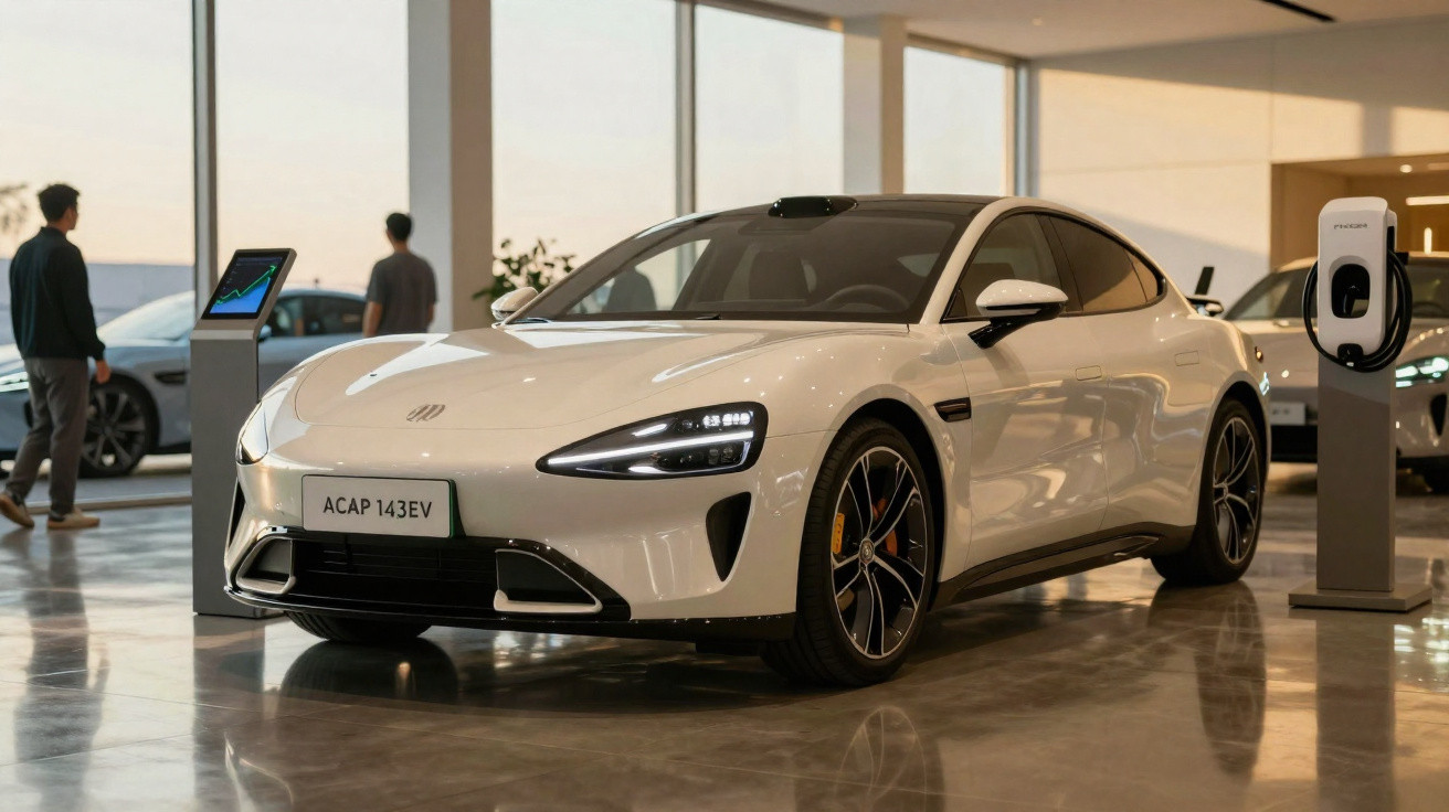 Carro elétrico branco exposto em showroom moderno, com carregador e duas pessoas ao fundo.