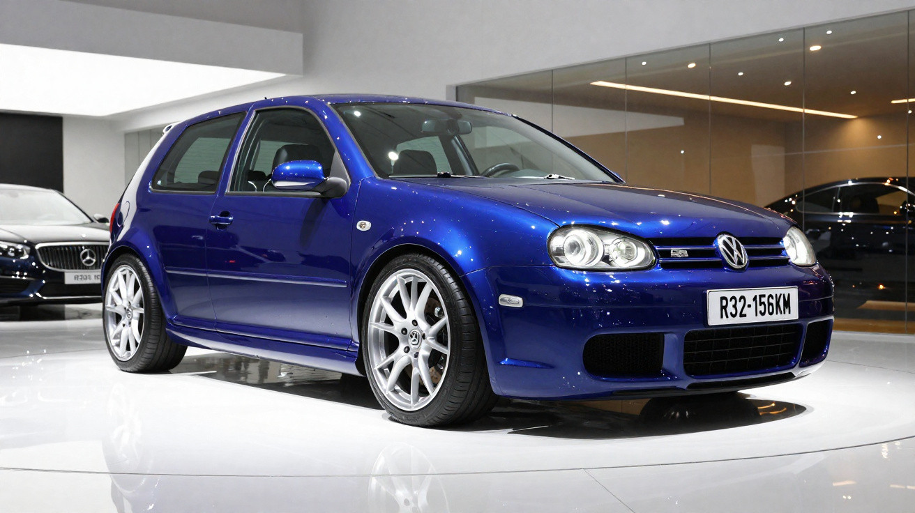 Carro esportivo Volkswagen Golf R32 azul exibido em ambiente interno, com acabamento brilhante.