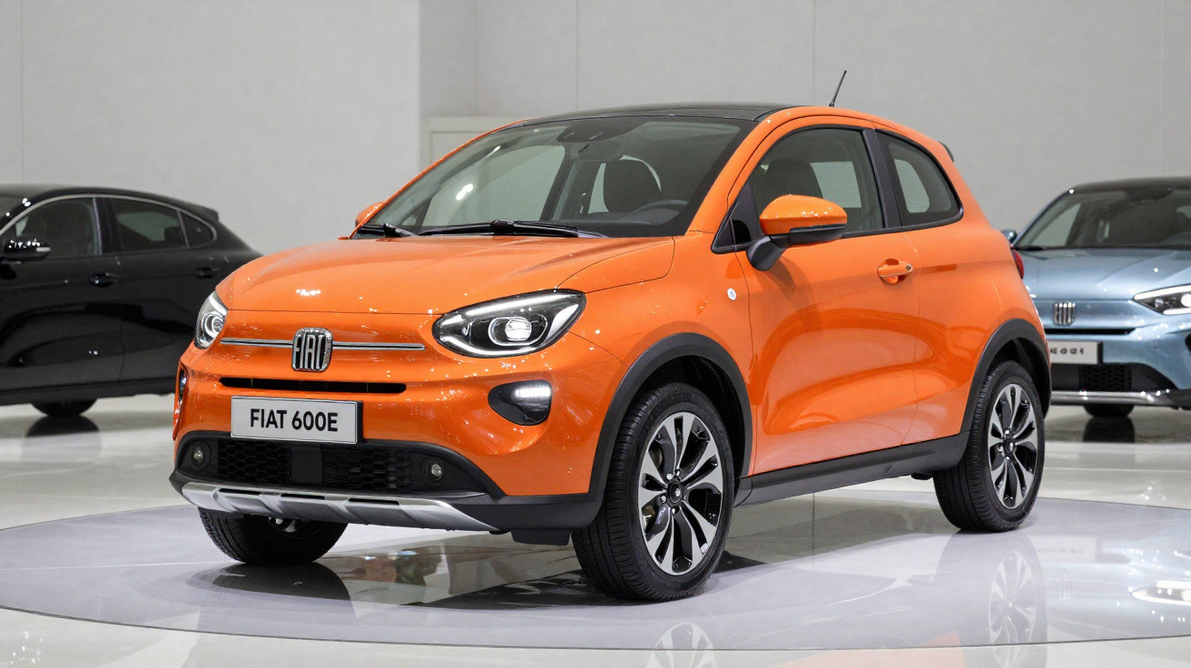Fiat 600e laranja estacionado em salão de exposição com outros carros ao fundo.