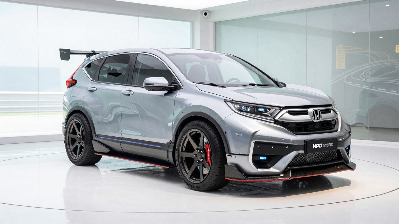 Honda HR-V prata modificado com aerofólio traseiro e rodas esportivas pretas em ambiente interno.