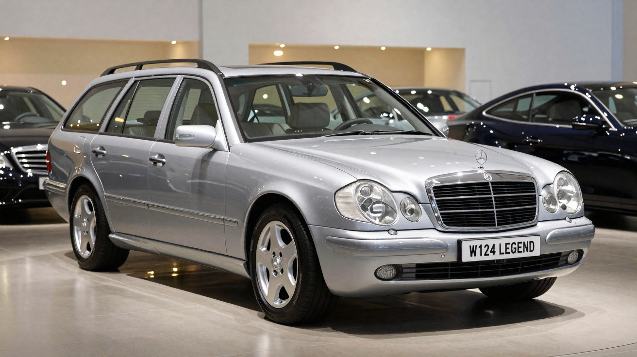 Carro Mercedes-Benz W124 perua prata em exposição em ambiente interno com outros carros ao fundo.