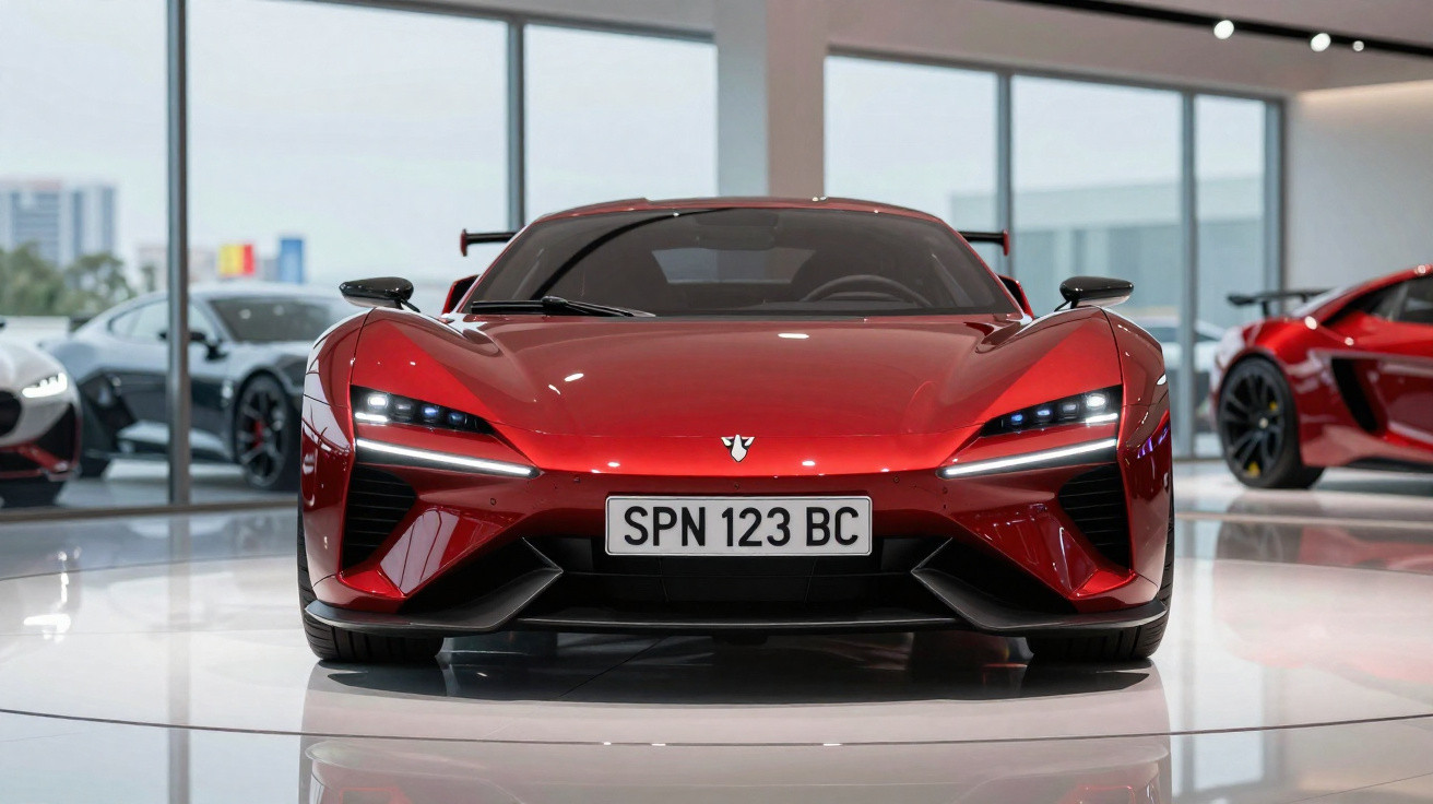 Carro esportivo elétrico vermelho brilhante exibido em showroom moderno com grandes janelas.