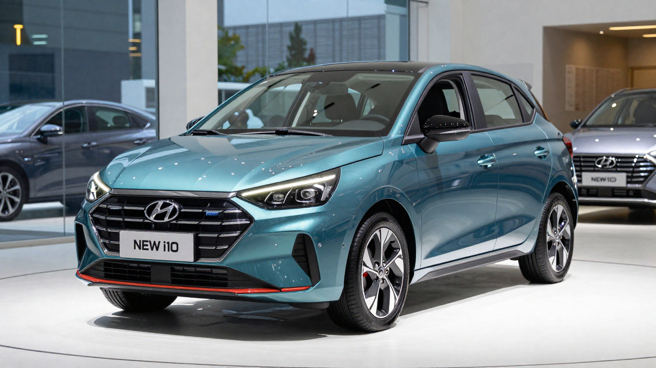 Carro Hyundai New i10 azul exibido em showroom moderno com iluminação branca, vista frontal lateral direita.